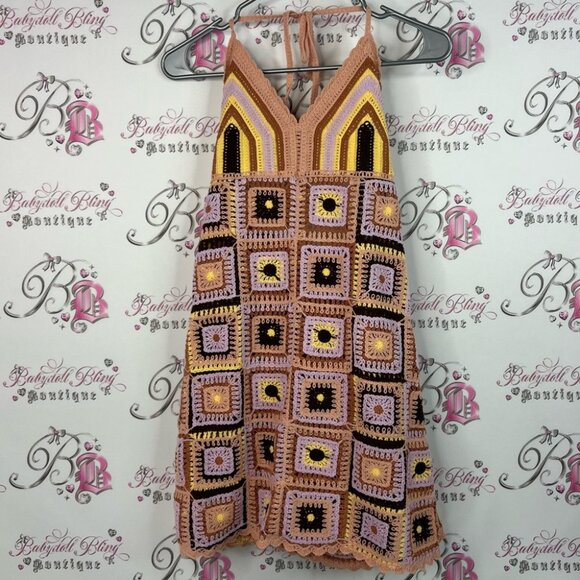 Dress crochet halter knit squares knitted Colorful Crochet Halter Dress - Picture 1 of 8